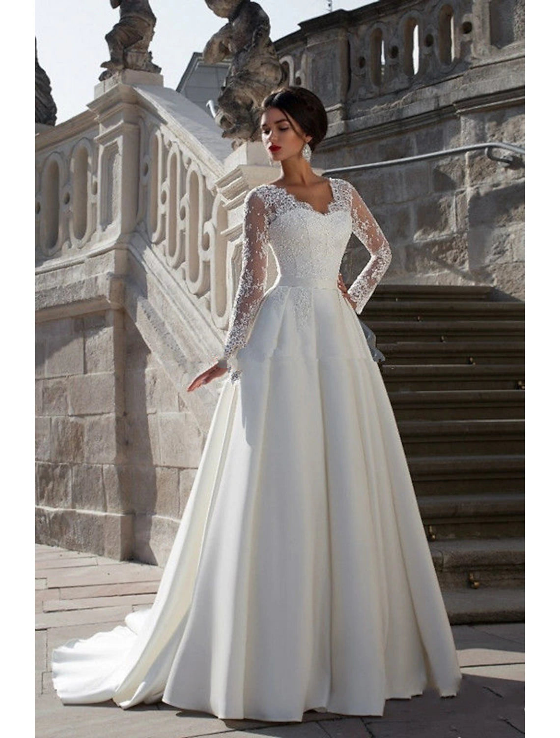 Engagement Formal Fall Wedding Dresses A-Line V Neck Long Sleeve Court Train Satin Bridal Gowns With Appliques Summer Wedding Party, Women‘s Clothing