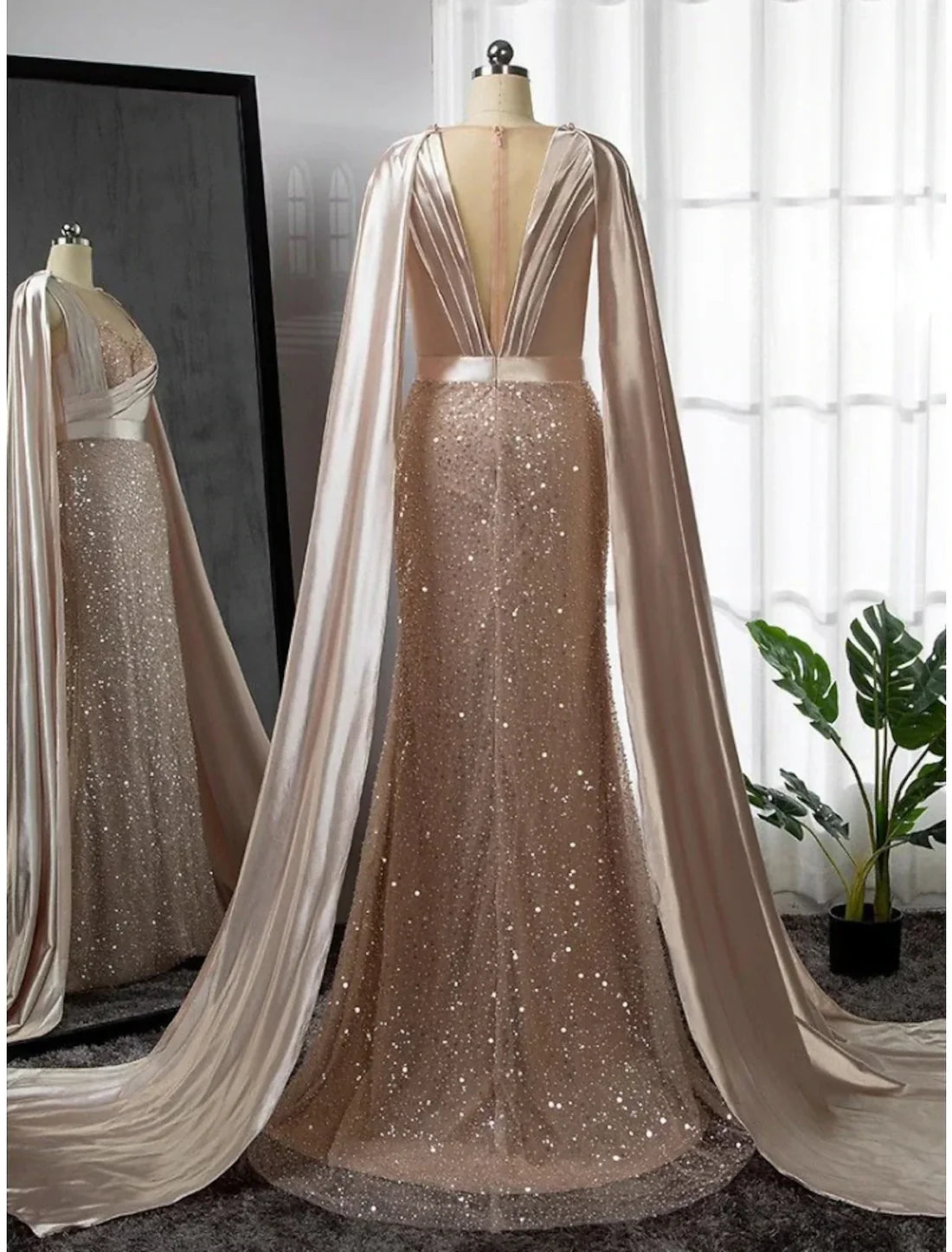 Evening Gown Elegant Dress Formal Court Train Long Sleeve Illusion Neck Stretch Satin with Pleats Ruched Beading
