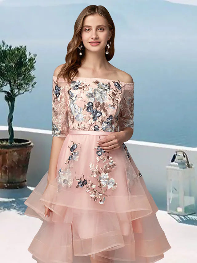 A-Line Prom Dresses Floral Dress Evening Party Asymmetrical Half Sleeve Off Shoulder Satin with Embroidery Appliques