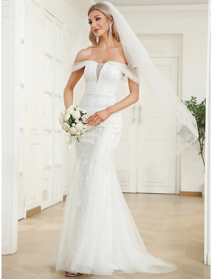 Wedding Dresses Mermaid / Trumpet Off Shoulder Cap Sleeve Sweep / Brush Train Lace Bridal Gowns With Appliques