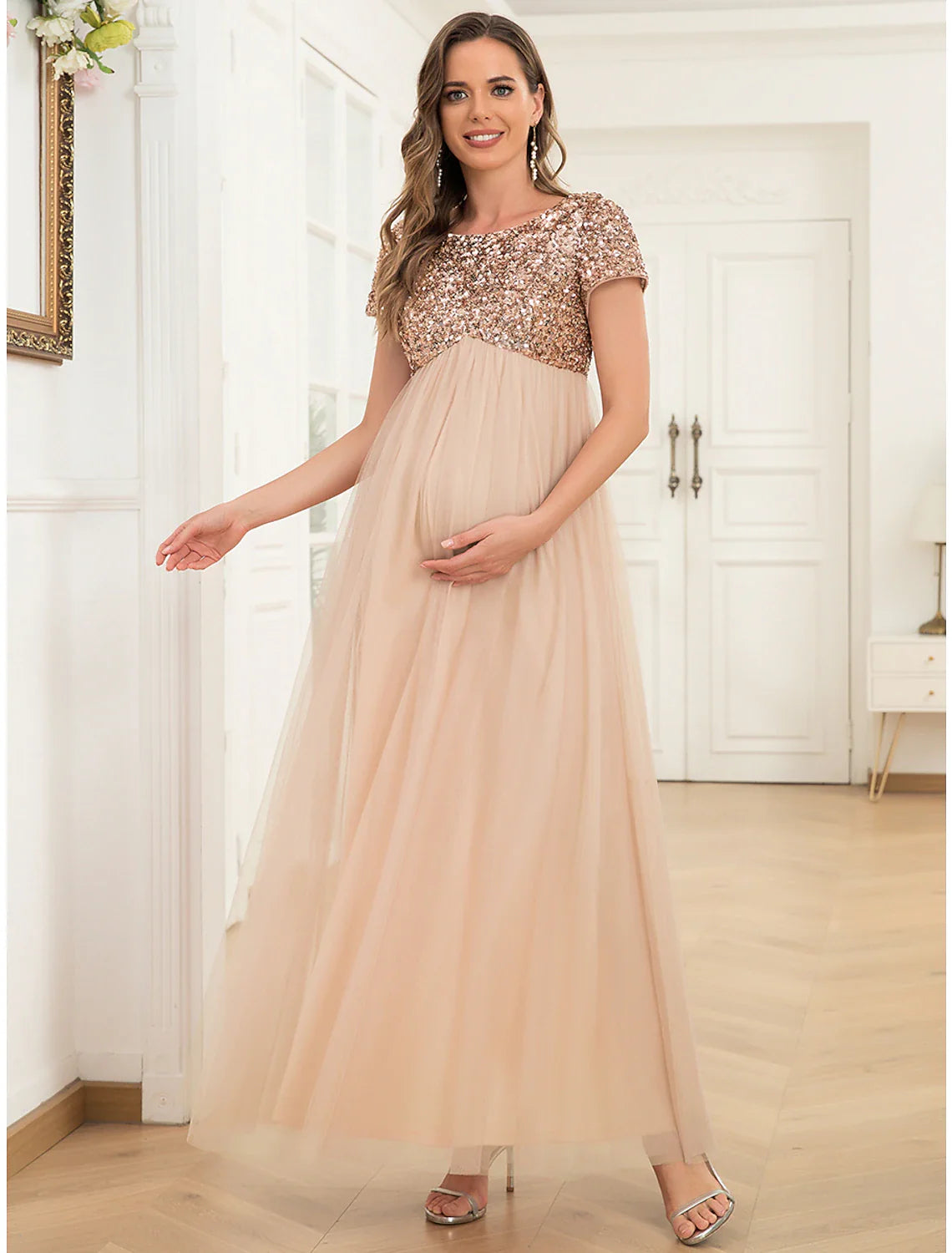 A-Line Party Dresses Maternity Dress Party Wear Ankle Length Short Sleeve Jewel Neck Tulle with Sequin