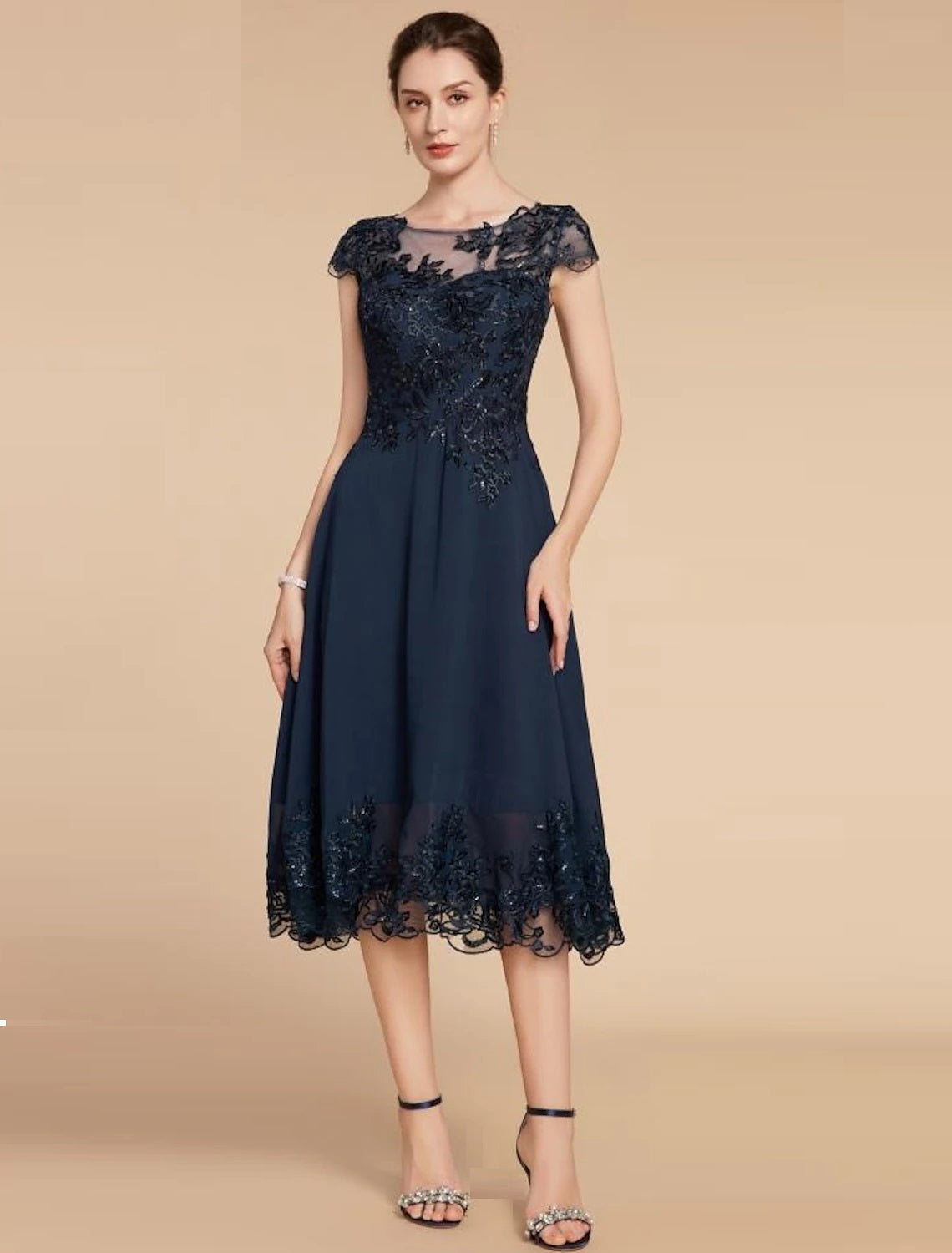 A-Line  Scoop Neck Tea Length Wedding Guest Party Dress Chiffon Lace Cap Sleeve Mother of the Bride Dress with Sequin Ruching
