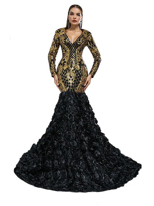 Mermaid / Trumpet Evening Gown Elegant  & Luxurious Dress Engagement Court Train Long Sleeve V Neck Sequined with Sequin