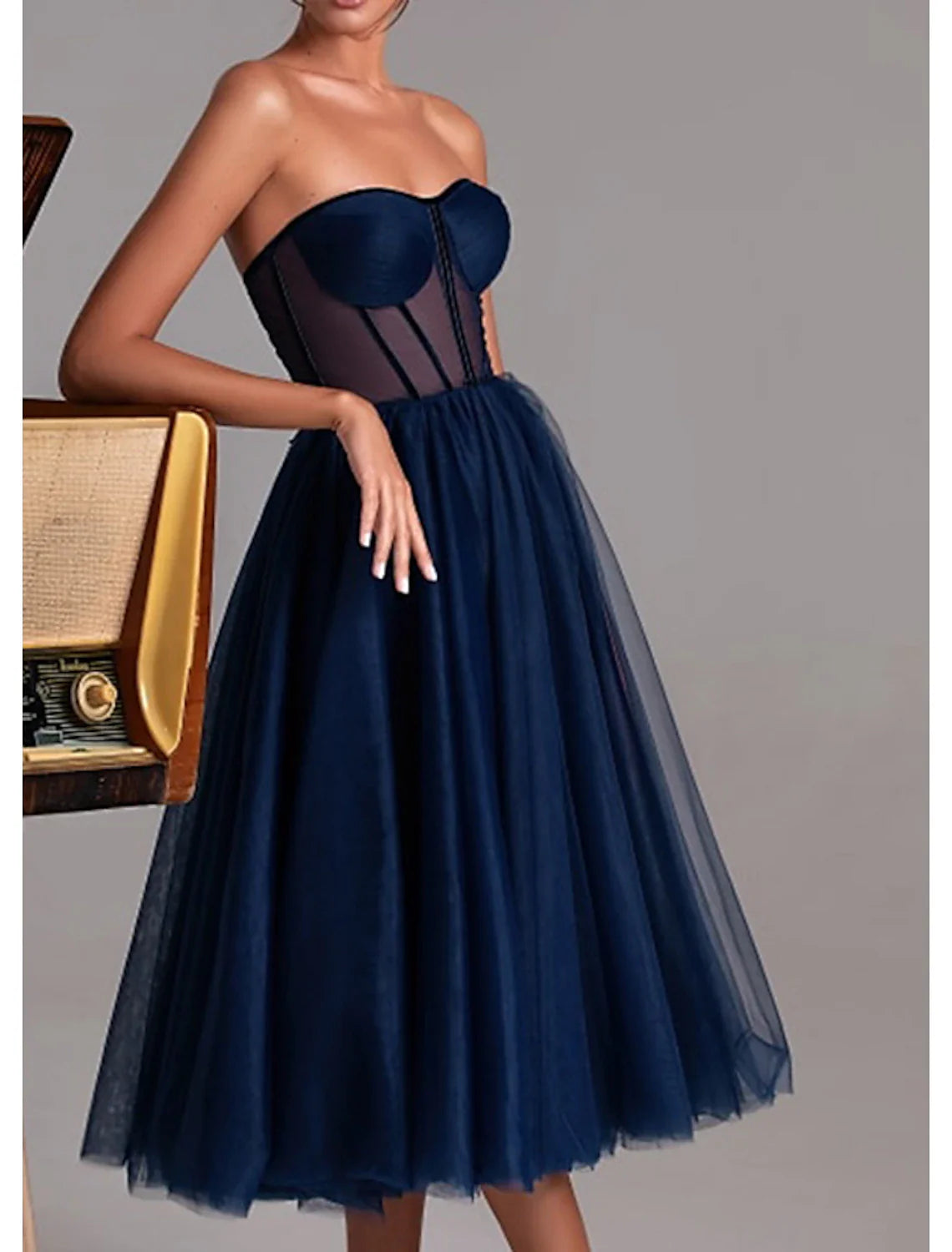 A-Line Cocktail Dresses Party Dress Cocktail Party Prom Tea Length Sleeveless Sweetheart Fall Wedding Guest Tulle with Pleats