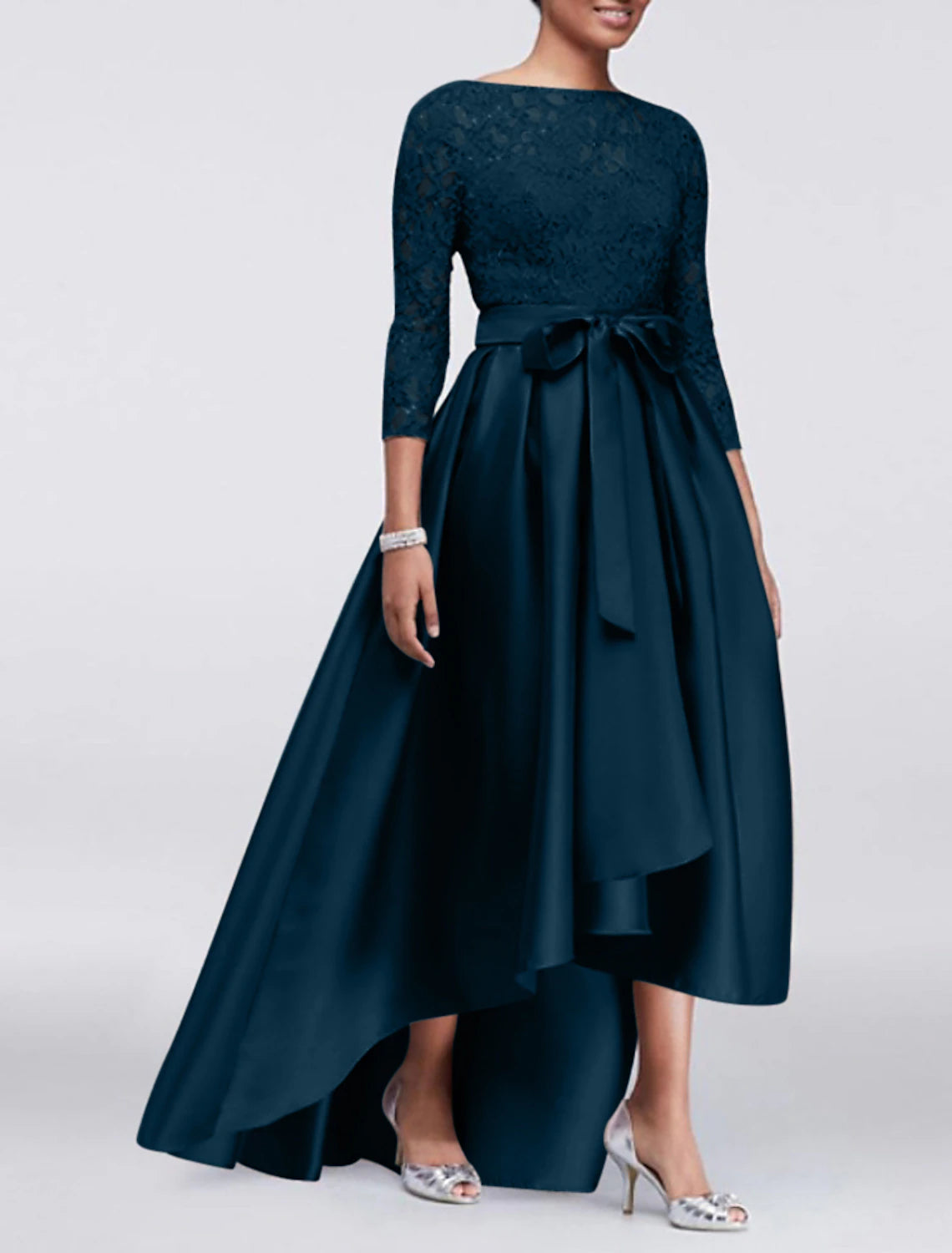 A-Line Wedding Guest Dress Plus Size Satin Lace 3/4 Length Sleeve Mother of the Bride Dress High Low Jewel Neck Asymmetrical Dress  with Sash / Ribbon Appliques
