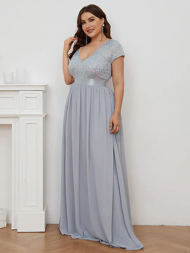 A-Line Bridesmaid Dress V Neck Short Sleeve Elegant Floor Length Chiffon with Solid Color