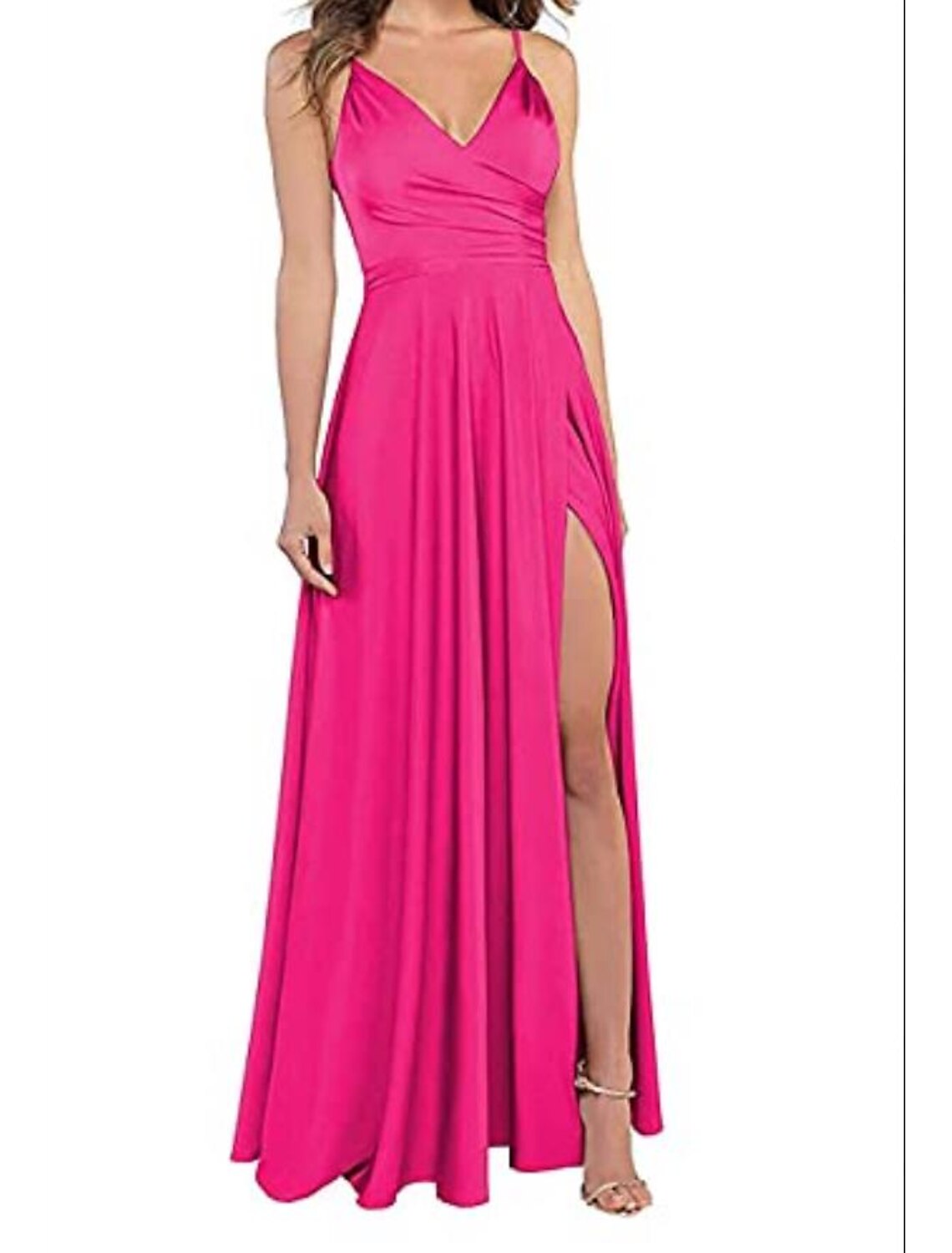 A-Line Wedding Guest Prom Floor Length Sleeveless Spaghetti Strap Bridesmaid Dress Satin with Slit