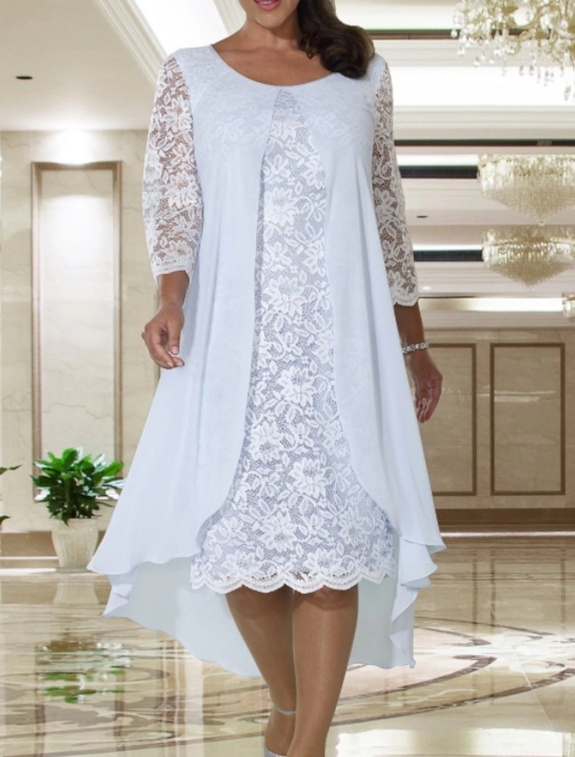 A-Line  Plus Size Jewel Neck Wedding Guest Dress Knee Length Chiffon Lace Long Sleeve Mother of the Bride Dress
