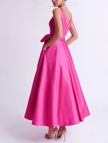 A-Line Cocktail Dresses Elegant Dress Wedding Guest Tea Length Sleeveless V Neck Pocket Satin with Bow(s)