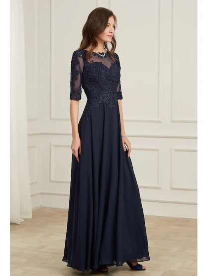 A-Line Elegant Wedding Guest Formal Evening Dress Jewel Neck Half Sleeve Floor Length Tulle with Appliques