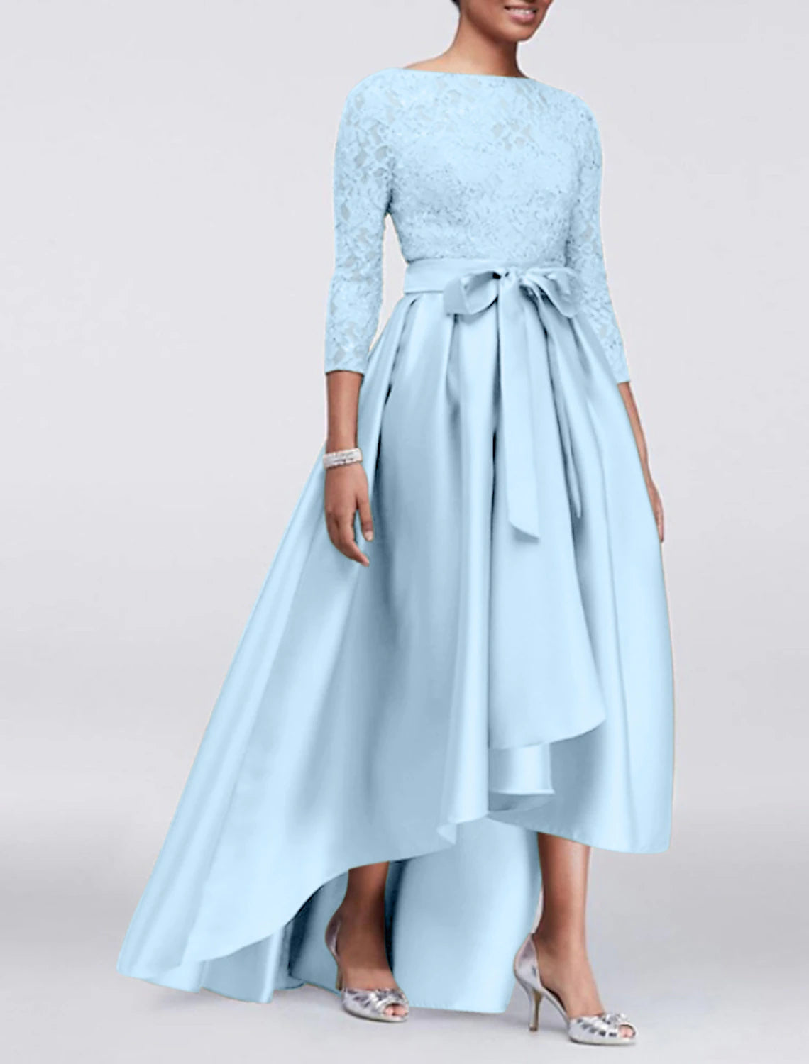 A-Line Wedding Guest Dress Plus Size Satin Lace 3/4 Length Sleeve Mother of the Bride Dress High Low Jewel Neck Asymmetrical Dress  with Sash / Ribbon Appliques