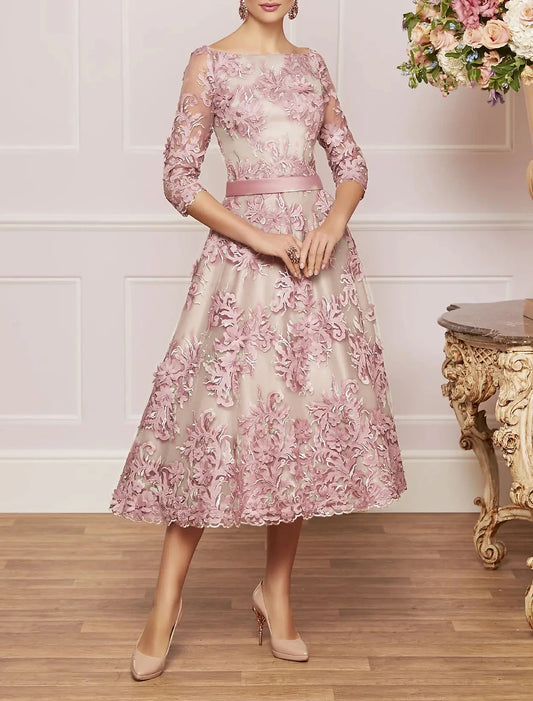A-Line Mother of the Bride Dress Wedding Guest Plus Size Bateau Neck Tea Length Lace Half Sleeve with Lace Sash / Ribbon