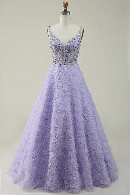 A Line V Neck Long Prom Dress with 3D Flowers Beautiful