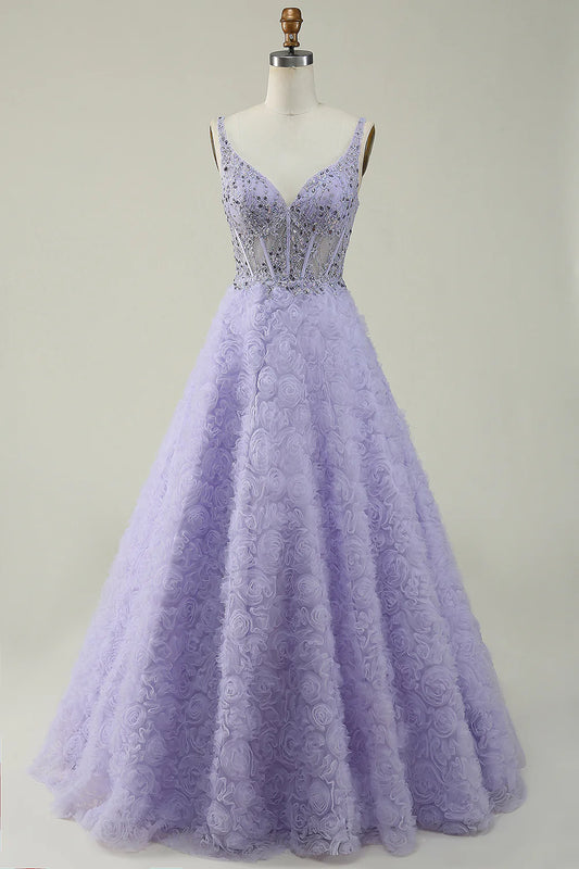 A Line V Neck Long Prom Dress with 3D Flowers Beautiful