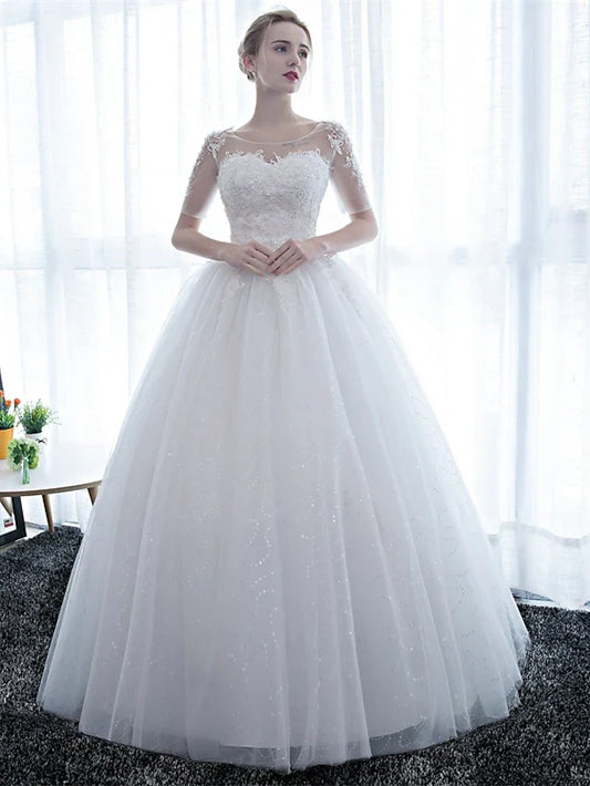 Engagement Formal Wedding Dresses Floor Length Ball Gown Half Sleeve Illusion Neck Satin With Lace