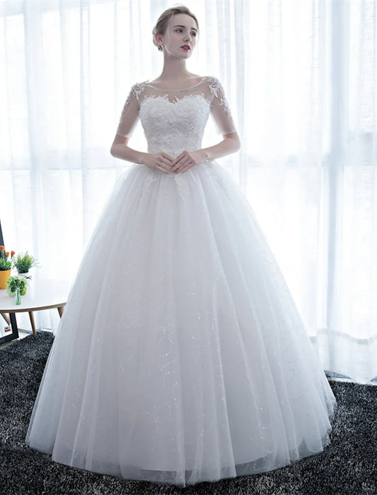 Reception Formal Wedding Dresses Ball Gown Illusion Neck Half Sleeve Floor Length Satin Bridal Gowns With Lace