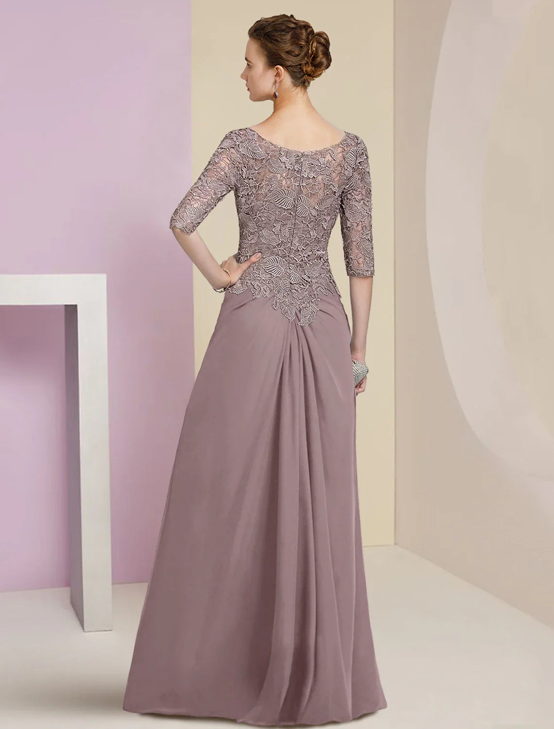 Sheath / Column Mother Bride Dress Formal Wedding Guest Elegant Scoop Neck Floor Length Chiffon Half Sleeve with Lace Appliques