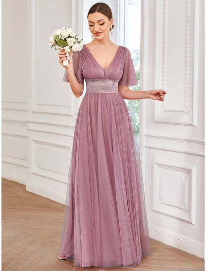 A-Line Bridesmaid Dress V Neck Short Sleeve Plus Size Floor Length Tulle with Ruffles / Draping / Tier 2023 / Butterfly Sleeve