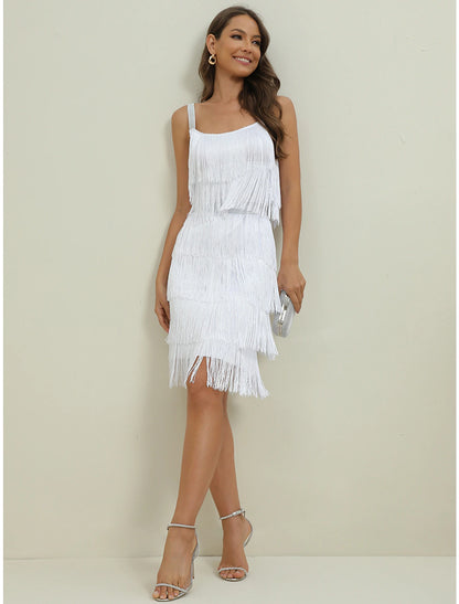 Women's Fringe Dress Party Dress Homecoming Dress Mini Dress Black White Red Sleeveless Pure Color Tassel Fringe Spring Fall Winter Spaghetti Strap Fashion Party Wedding Guest Birthday Slim