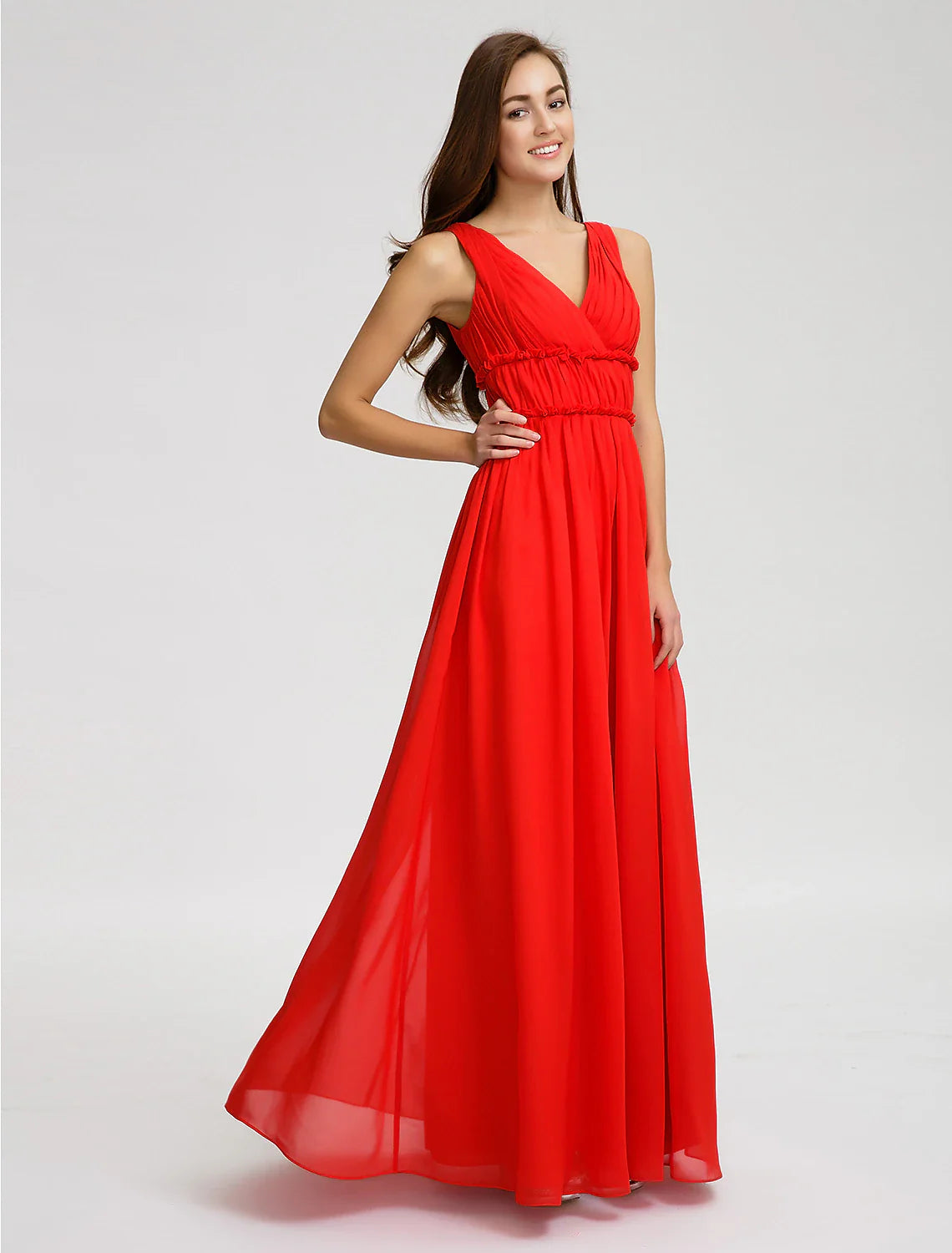 Solid Color A-Line Bridesmaid Dress V Neck Sleeveless Open Back Floor Length Chiffon with Criss Cross / Draping / Side Draping