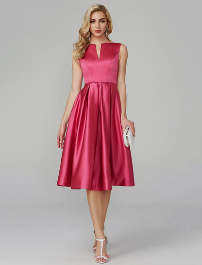 A-Line Elegant Dress Wedding Guest Cocktail Party Knee Length Sleeveless V Wire Pink Dress Satin with Sash / Ribbon