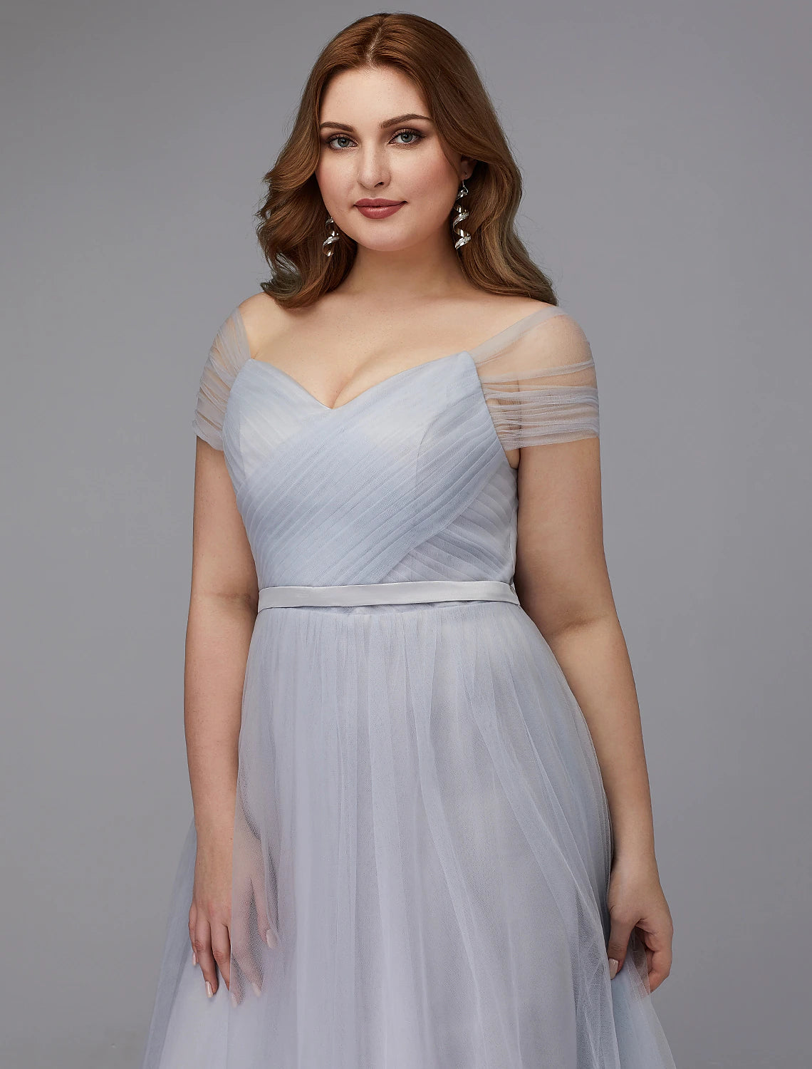 A-Line Elegant Dress Wedding Guest Cocktail Party Tea Length Short Sleeve Off Shoulder Tulle with Sash / Ribbon Criss Cross