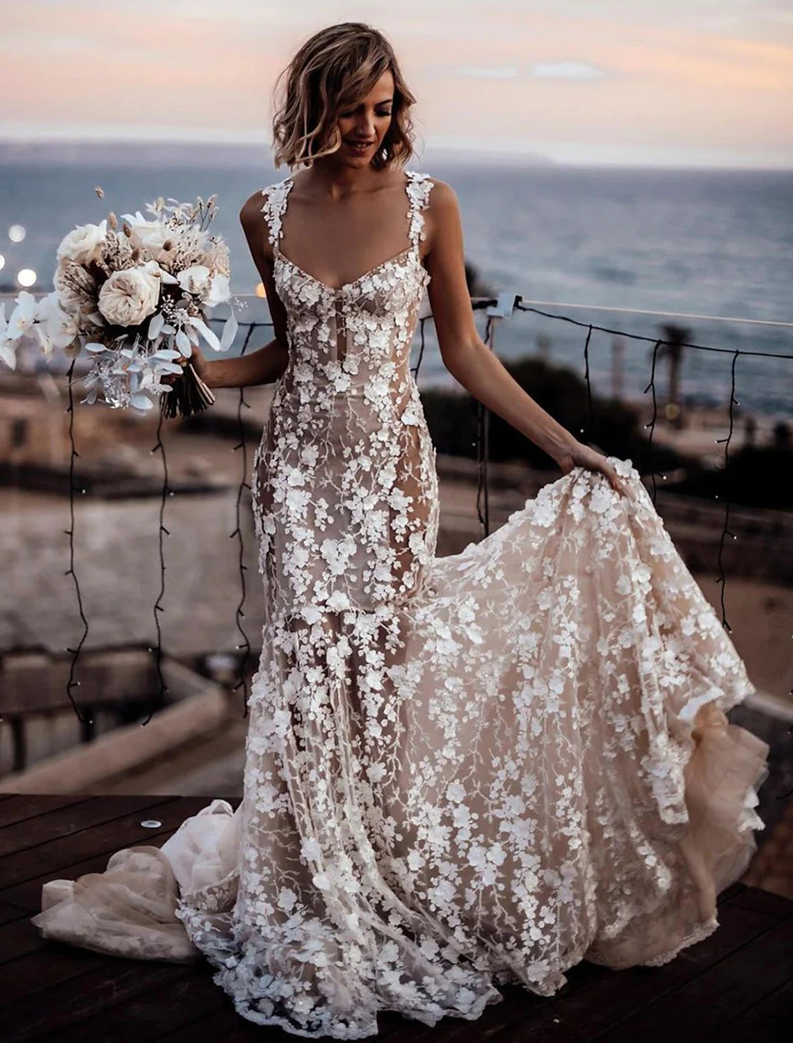 Beach Sexy Boho Wedding Dresses Mermaid / Trumpet Sweetheart Regular Straps Court Train Lace Bridal Gowns With Appliques Summer Fall Wedding Party , Women's Clothing