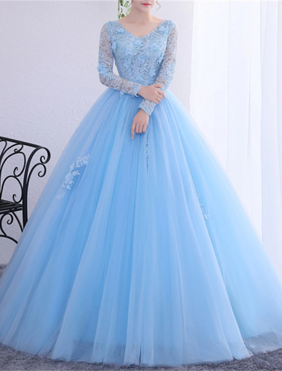 Ball Gown Princess Dress Performance Quinceanera Floor Length Long Sleeve V Neck Polyester with Crystals Appliques