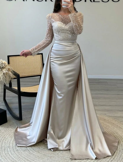 Mermaid Sequin Evening Gown Ruched Satin Dress Long Sleeves Floor Length Sparkle Illusion Neck Fall Wedding Guest Dress with Pearls Overskirt