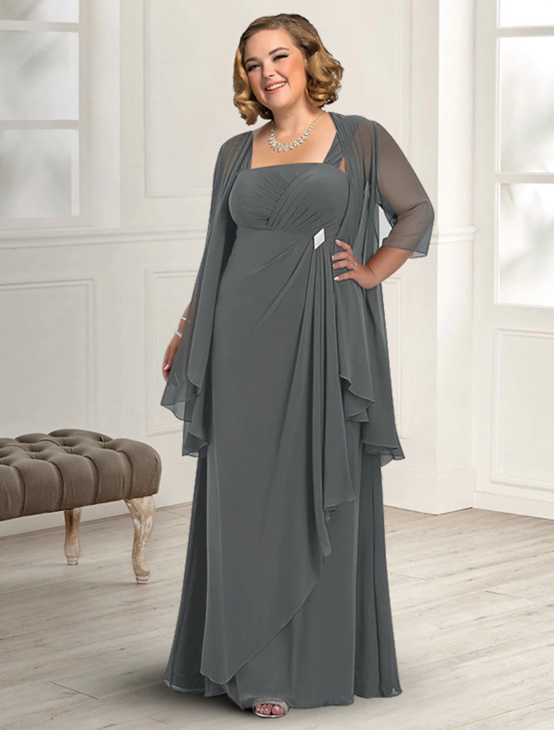 Two Piece A-Line Mother of the Bride Dress Wedding Guest Elegant Plus Size Square Neck Floor Length Chiffon Sleeveless Jacket Dresses with Pleats