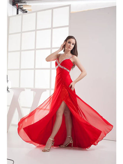 A-Line Evening Gown Elegant Dress Formal Evening Floor Length Sleeveless V Neck Chiffon with Ruched Beading Slit