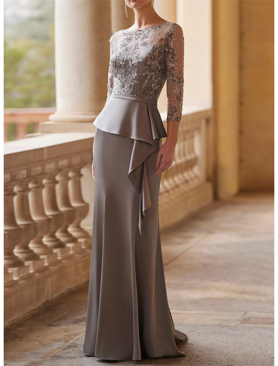 Mother of the Bride Dress Wedding Guest Illusion Neck Floor Length Lace Stretch Fabric 3/4 Length Sleeve with Sash / Ribbon Ruched Beading