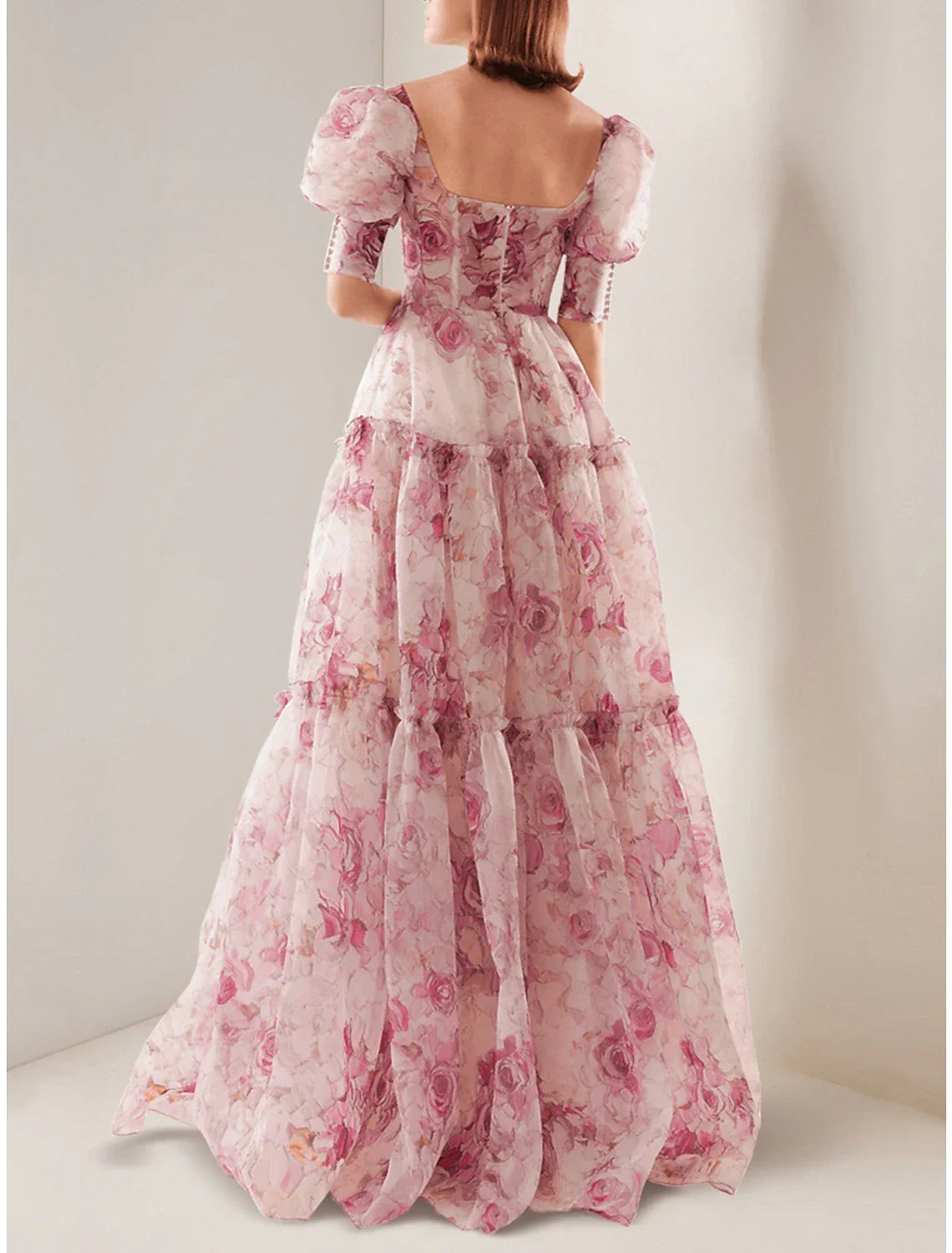 A-Line Evening Gown Corsets Dress Wedding Reception Floor Length Short Sleeve Scoop Neck Royal Style Organza with Floral Print