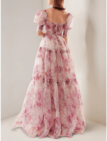 A-Line Evening Gown Corsets Dress Wedding Reception Floor Length Short Sleeve Scoop Neck Royal Style Organza with Floral Print