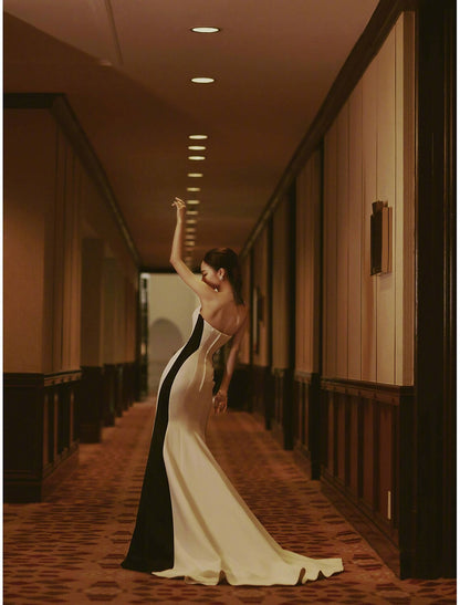Sheath Mermaid Formal Evening Dress Sleeveless Strapless Stretch Satin Sweep Brush Prom Dress With Slit
