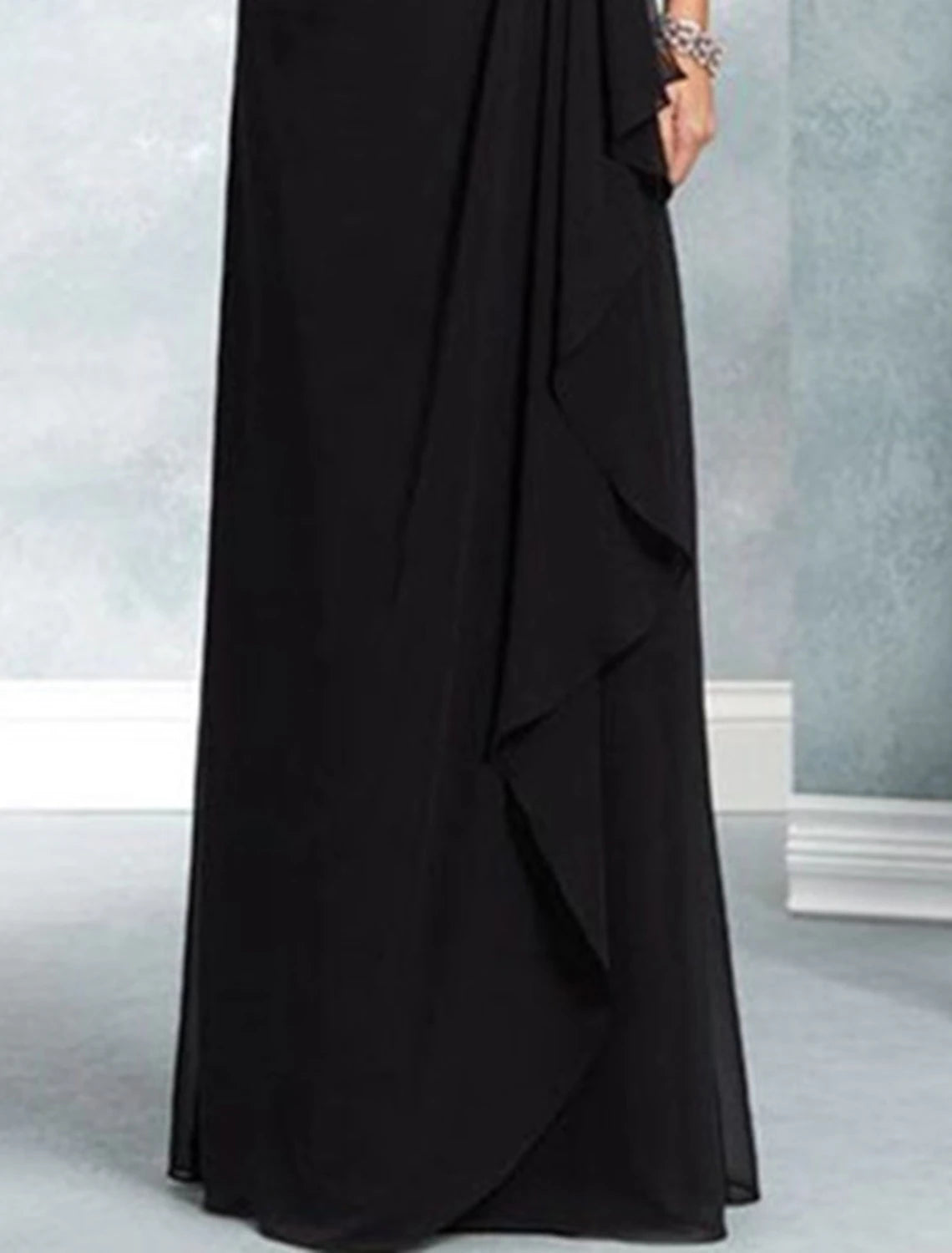 Jewel Neck Floor Length Wedding Guest Party Dress Chiffon Lace 3/4 Length Sleeve Mother of the Bride Dress with Sash / Ribbon Appliques