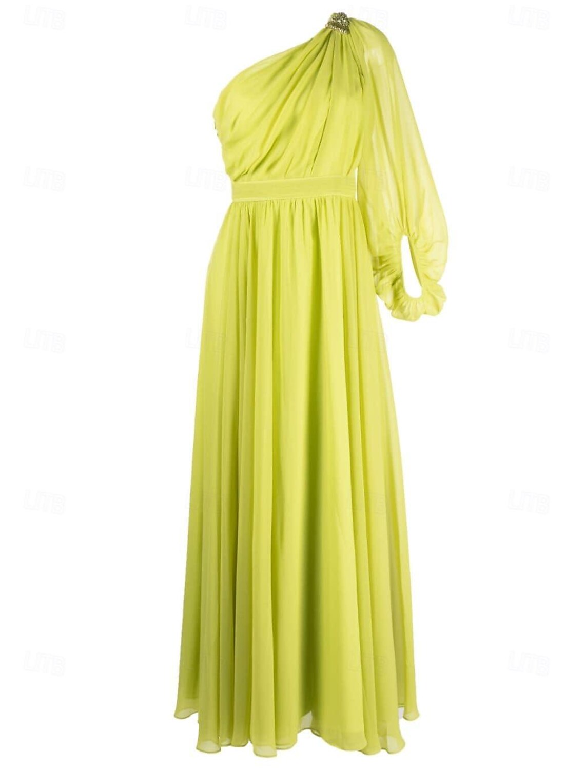 A-Line Wedding Guest Dress Formal Wedding Party Floor Length Long Sleeve One Shoulder Chiffon with Ruched