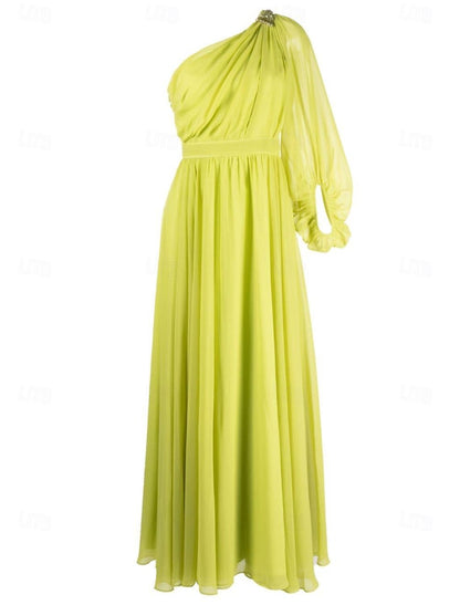 A-Line Wedding Guest Dress Formal Wedding Party Floor Length Long Sleeve One Shoulder Chiffon with Ruched