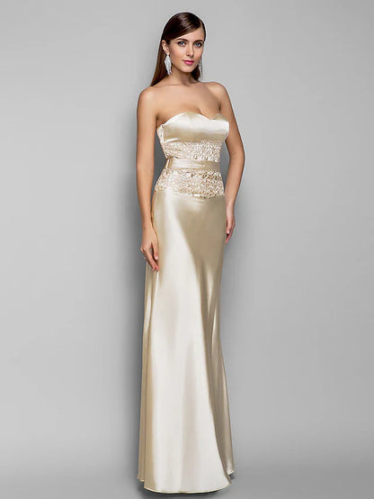 Mermaid / Trumpet Evening Gown Open Back Dress Wedding Guest Floor Length Sleeveless Sweetheart Stretch Satin with Appliques