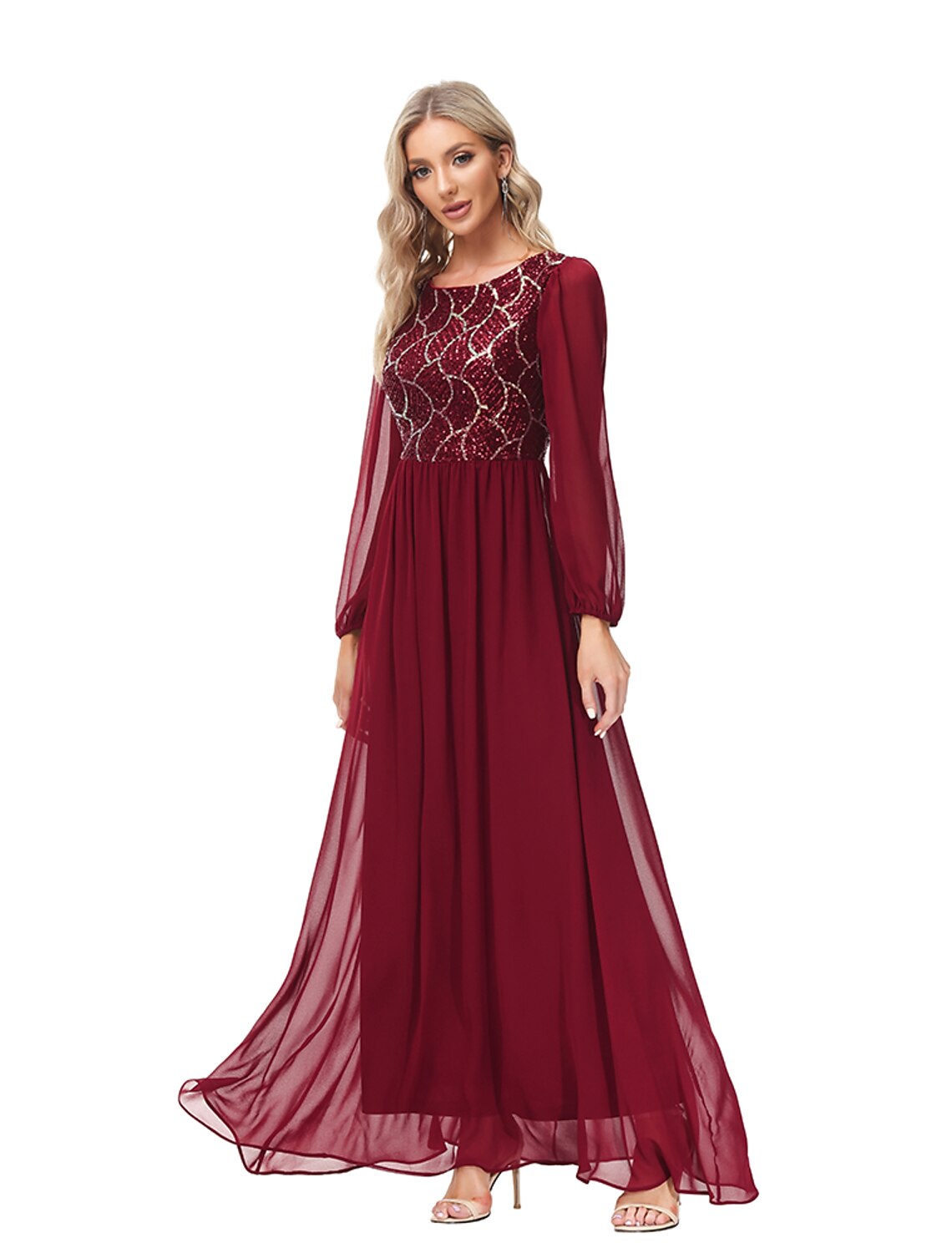 A-Line Evening Gown Empire Dress Party Wear Wedding Guest Floor Length Long Sleeve Jewel Neck Chiffon V Back with Sequin Splicing