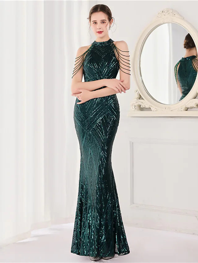 Mermaid / Trumpet Prom Dresses Elegant Dress Formal Floor Length Sleeveless Halter Sequined with Sequin