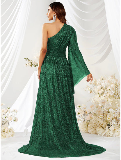 A-Line Wedding Guest Dresses Sparkle Formal Green Dress Formal Evening Party Sweep / Brush Train Long Sleeve One Shoulder Polyester with Glitter Slit