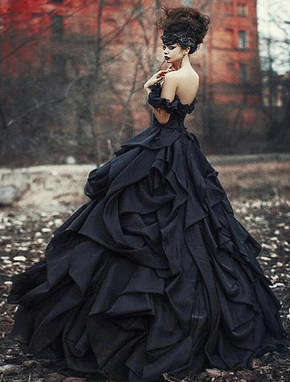 Black Wedding Dresses Formal Fall Ball Gown Off Shoulder Cap Sleeve Court Train Lace Satin Gothic Halloween Engagement Bridal Gowns With Ruched