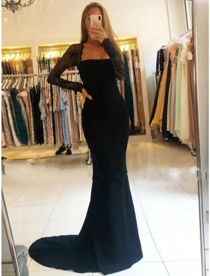 Mermaid / Trumpet Prom Dresses Open Back Dress Formal Wedding Guest Court Train Long Sleeve Strapless Stretch Fabric Backless with Beading Appliques