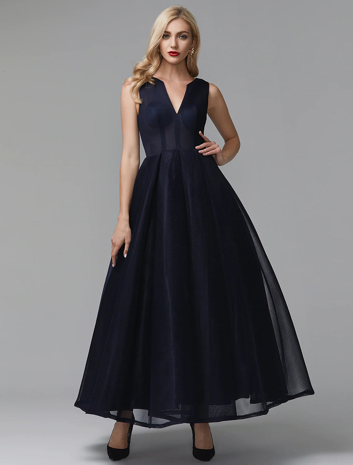 A-Line Little Black Prom Dress Wedding Guest Ankle Length Sleeveless V Wire Spandex with Sash / Ribbon