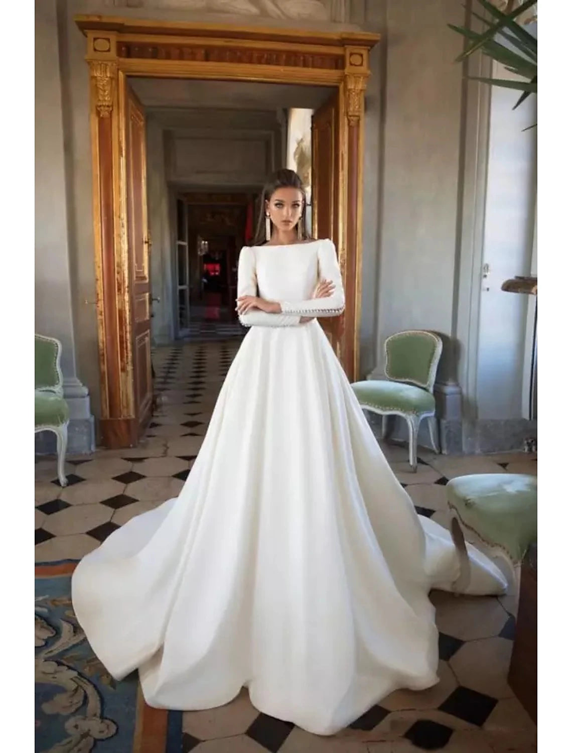 Formal Fall Wedding Dresses Ball Gown Scoop Neck Long Sleeve Court Train Satin Bridal Gowns With Buttons Pleats Summer Wedding Party, Women‘s Clothing