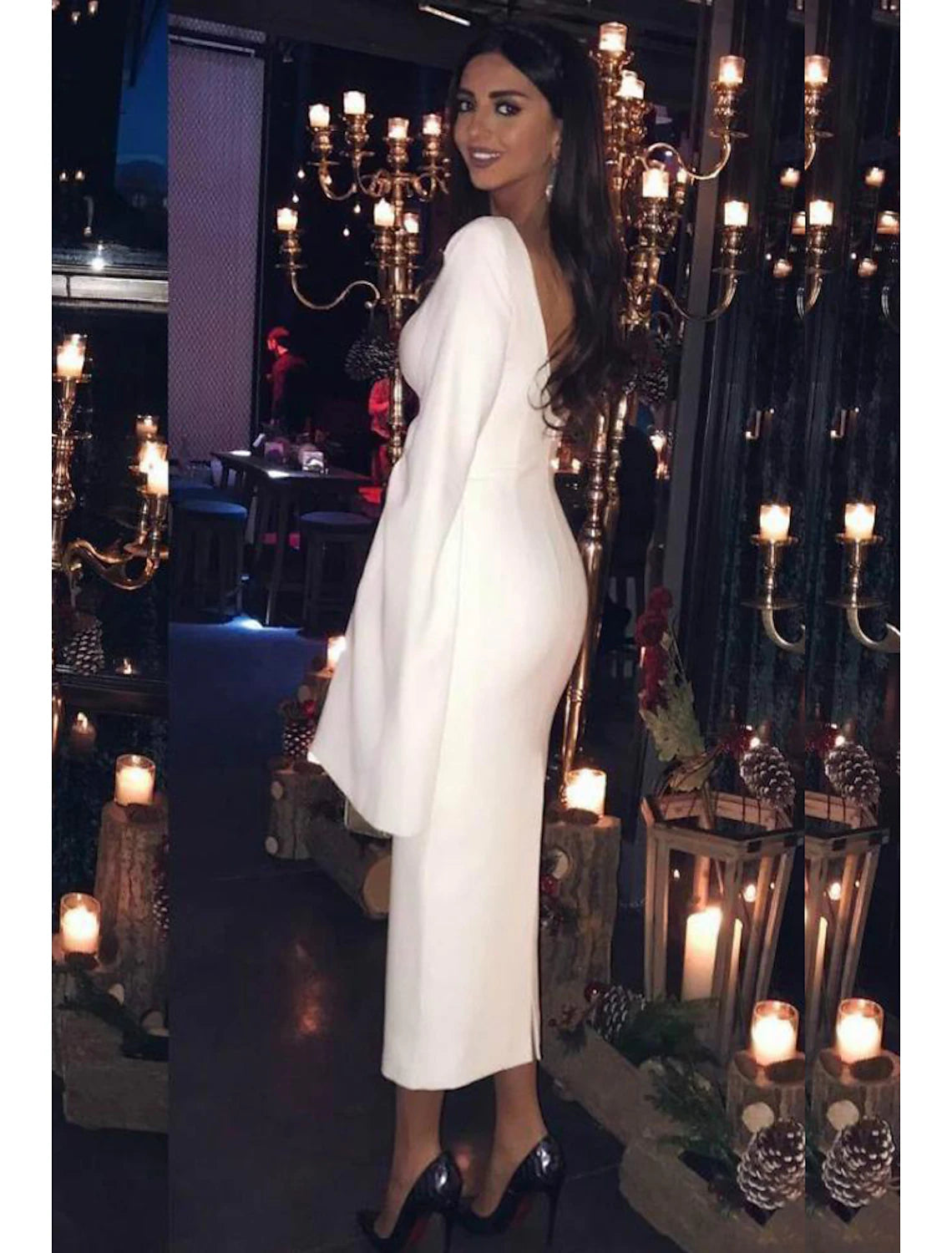 Sheath / Column Cocktail Dresses Elegant Dress Wedding Guest Holiday Tea Length Long Sleeve Jewel Neck Fall Wedding Guest Jersey Backless with Sleek Pure Color