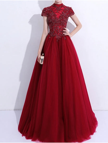 A-Line Evening Gown Quinceanera Floor Length Short Sleeve High Neck Tulle with Pleats Appliques