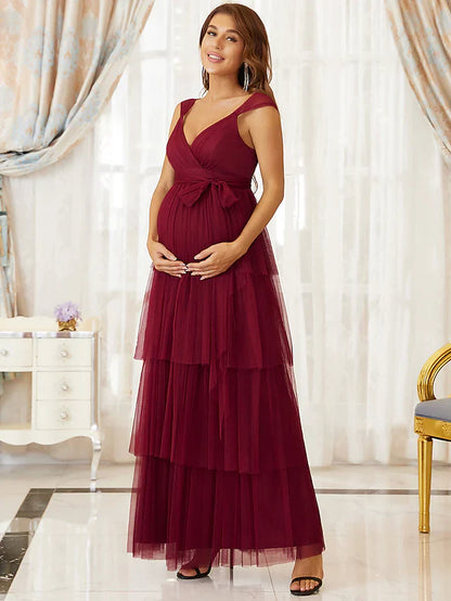 A-Line Maternity Cute Formal Prom/Evening Dress V Neck Sleeveless Floor Length Tulle with Tier Pure Color