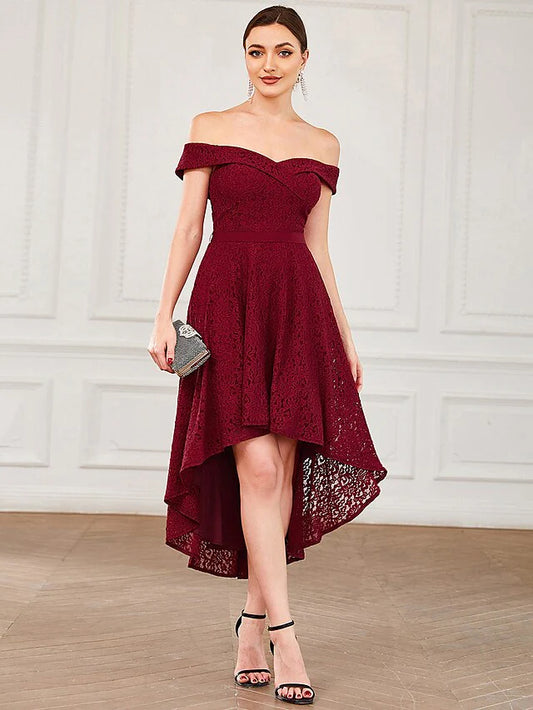 A-Line Homecoming Dresses Vintage Dress Homecoming Asymmetrical Sleeveless Off Shoulder Lace with Pleats Pure Color